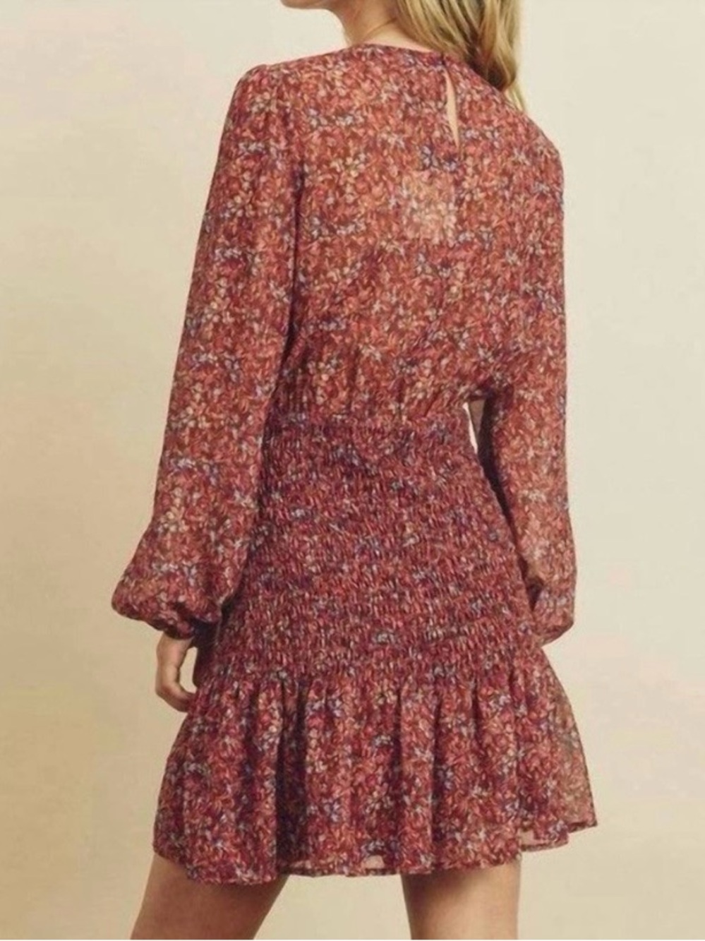 NWT Smocked ruffle mini dress floral Balloon Long sleeve Size M Maroon Wine - Picture 2 of 10